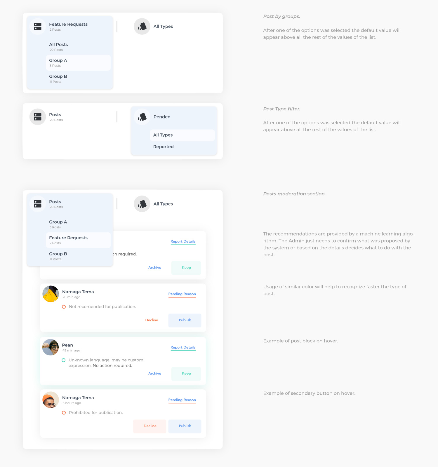 Analyse and model basic UI that will help Admins to filter posts by group and type